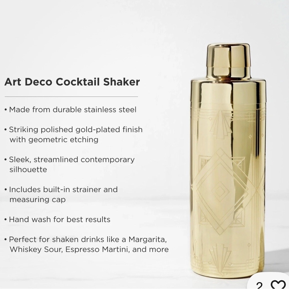 Viski Art Deco Gold Cocktail Shaker 24 oz Etched Stainless Steel NEW -Box Damage - Picture 3 of 9